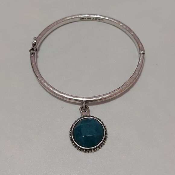 Lucky Brand Jewelry - SOLD Vintage Lucky Brand Faux Stone Charm Hinged Bangle Bracelet Silver Tone